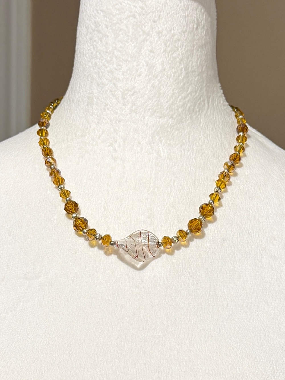 Amber Crystal Bead & Dichroic Glass Focal Pendant Necklace